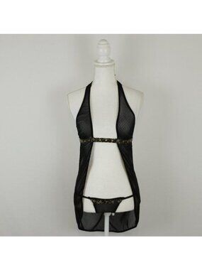 Elegant Moments Women's Small Black Mesh Halter 2 Piece Lingerie Set